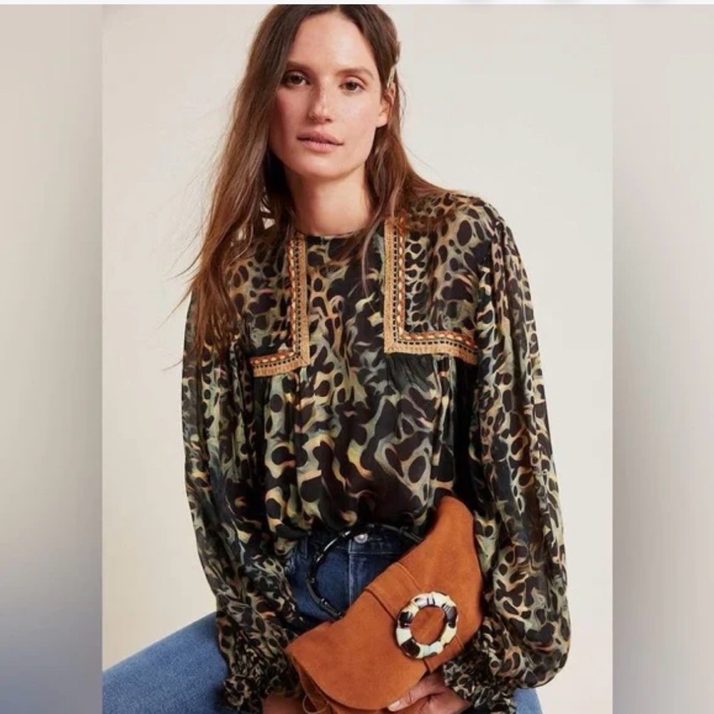 Anthropologie BI-nk Joelle Leopard Peasant Blouse